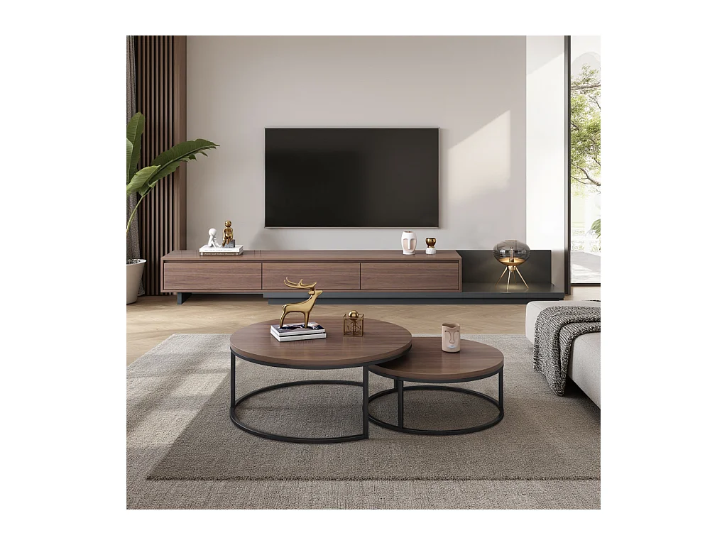 Table basse ronde Tables basses Table de salon ronde Coffee Table 2 pièces Tables d'appoint Tables gigognes Bois Métal Moderne,noyer brun