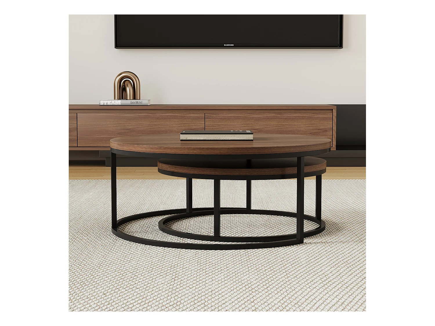 Table basse ronde Tables basses Table de salon ronde Coffee Table 2 pièces Tables d'appoint Tables gigognes Bois Métal Moderne,noyer brun