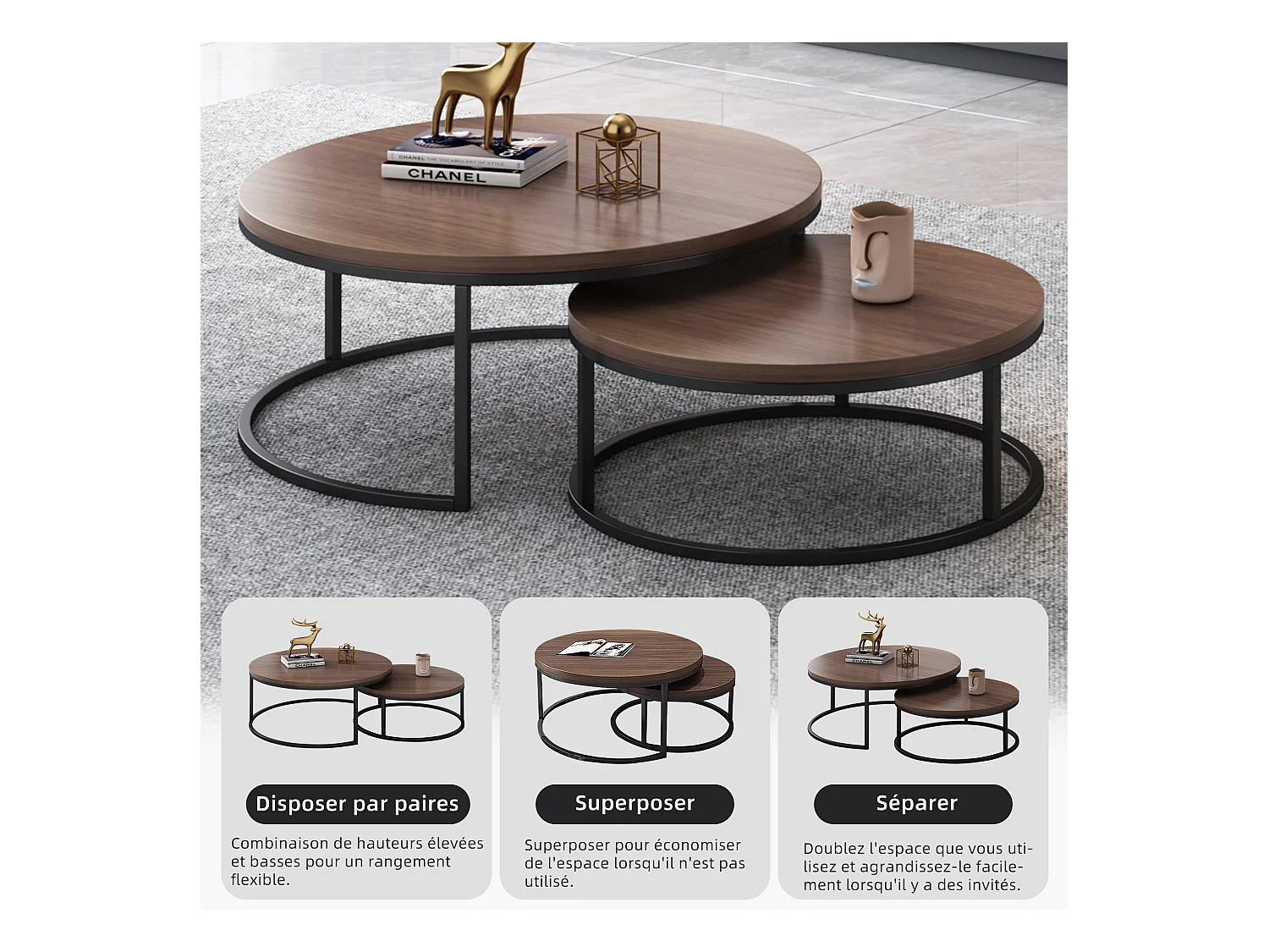 Table basse ronde Tables basses Table de salon ronde Coffee Table 2 pièces Tables d'appoint Tables gigognes Bois Métal Moderne,noyer brun