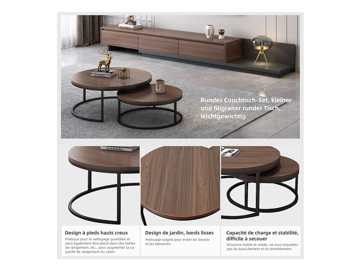 Table basse ronde Tables basses Table de salon ronde Coffee Table 2 pièces Tables d'appoint Tables gigognes Bois Métal Moderne,noyer brun