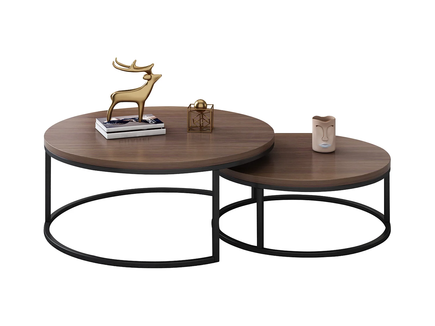 Table basse ronde Tables basses Table de salon ronde Coffee Table 2 pièces Tables d'appoint Tables gigognes Bois Métal Moderne,noyer brun