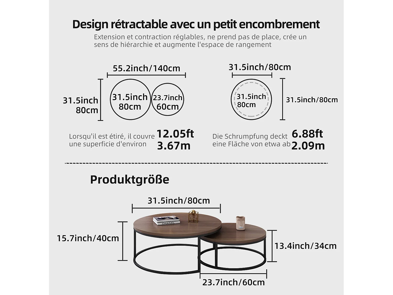 Table basse ronde Tables basses Table de salon ronde Coffee Table 2 pièces Tables d'appoint Tables gigognes Bois Métal Moderne,noyer brun