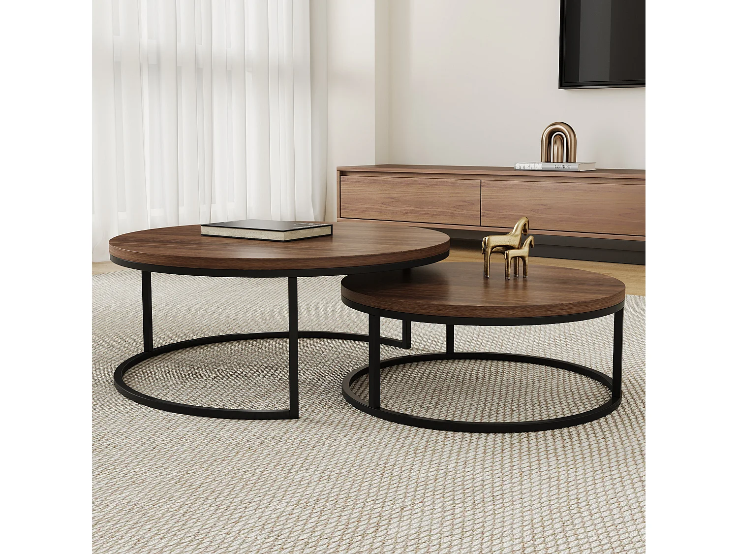 Table basse ronde Tables basses Table de salon ronde Coffee Table 2 pièces Tables d'appoint Tables gigognes Bois Métal Moderne,noyer brun