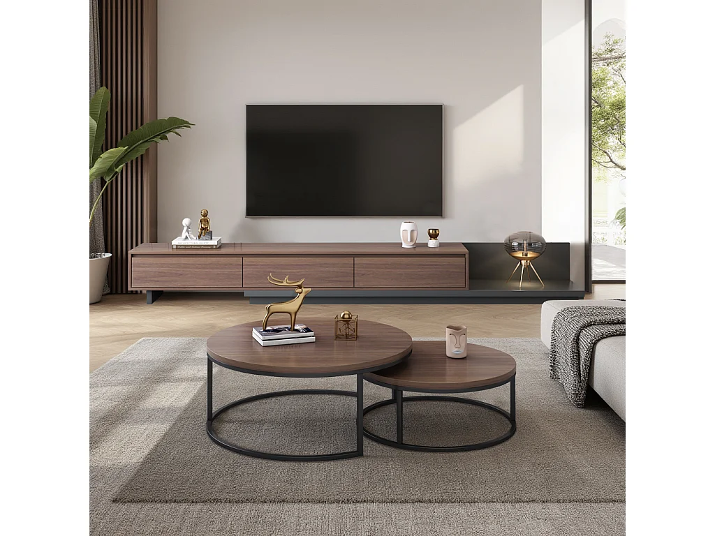 Table basse ronde Tables basses Table de salon ronde Coffee Table 2 pièces Tables d'appoint Tables gigognes Bois Métal Moderne,noyer brun