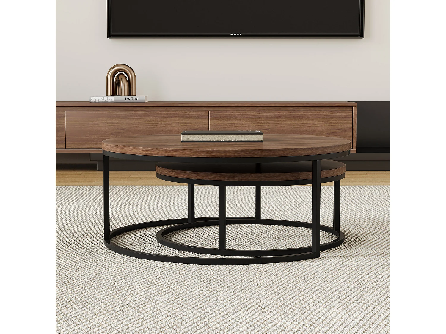 Table basse ronde Tables basses Table de salon ronde Coffee Table 2 pièces Tables d'appoint Tables gigognes Bois Métal Moderne,noyer brun