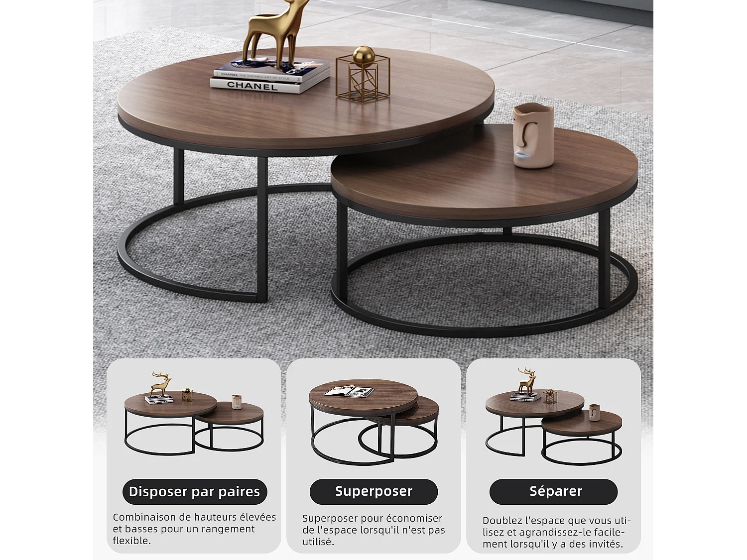 Table basse ronde Tables basses Table de salon ronde Coffee Table 2 pièces Tables d'appoint Tables gigognes Bois Métal Moderne,noyer brun