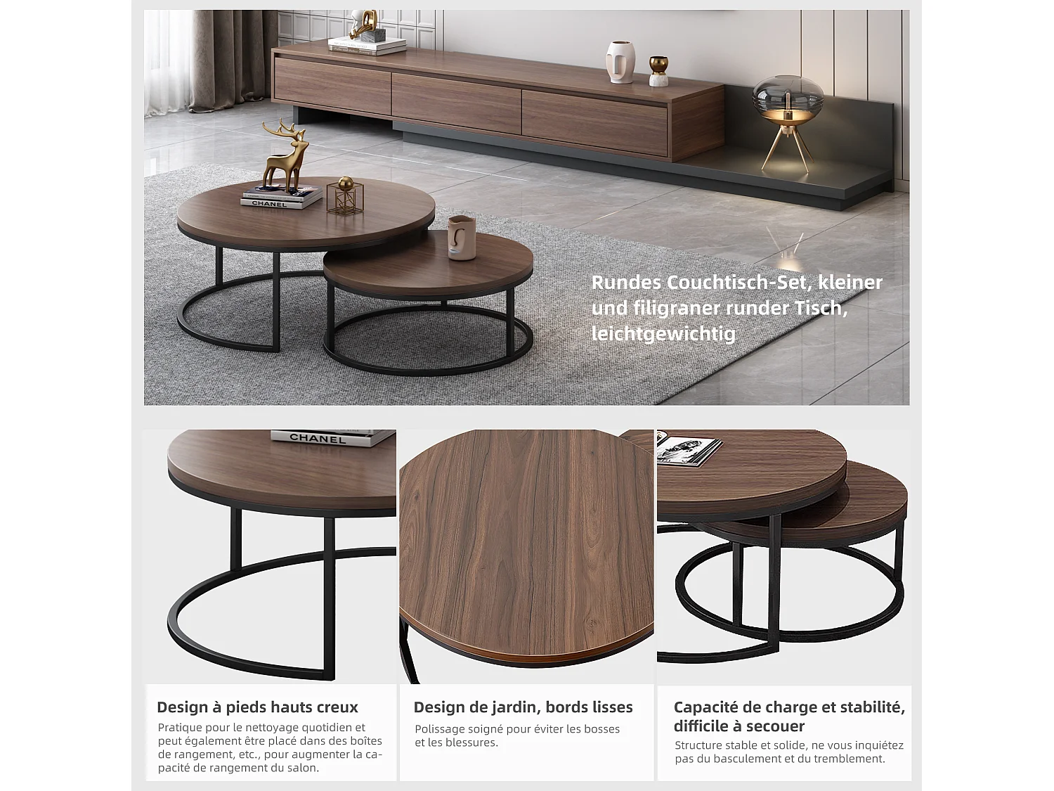 Table basse ronde Tables basses Table de salon ronde Coffee Table 2 pièces Tables d'appoint Tables gigognes Bois Métal Moderne,noyer brun