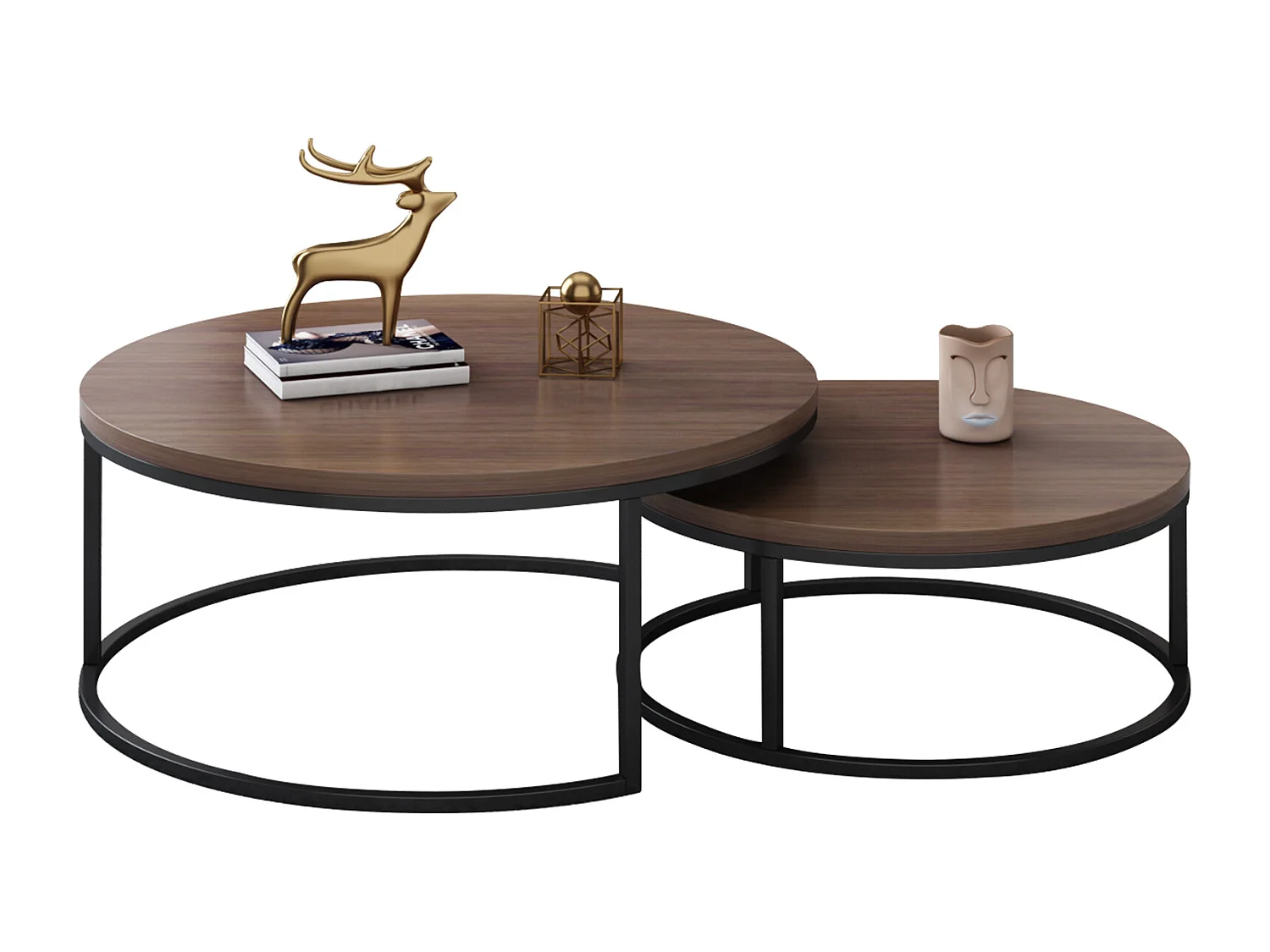 Table basse ronde Tables basses Table de salon ronde Coffee Table 2 pièces Tables d'appoint Tables gigognes Bois Métal Moderne,noyer brun