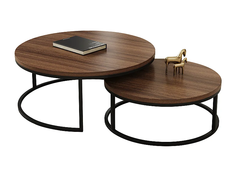 Ronde salontafel, set van 2, moderne bijzettafels van hout en metaal, walnootbruin.