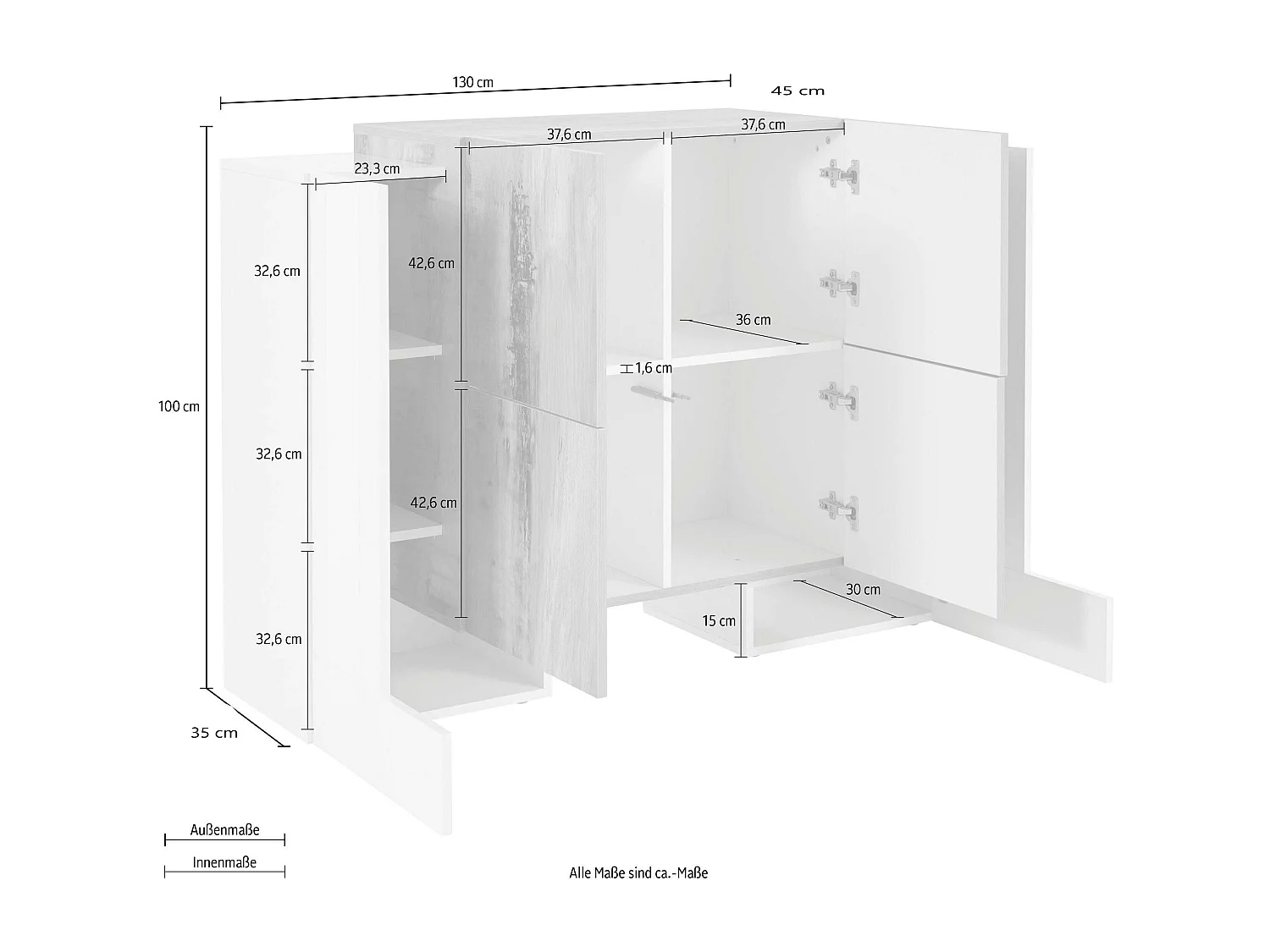Buffet de salon cuisine 6 portes design moderne 130cm Pillon Vaux