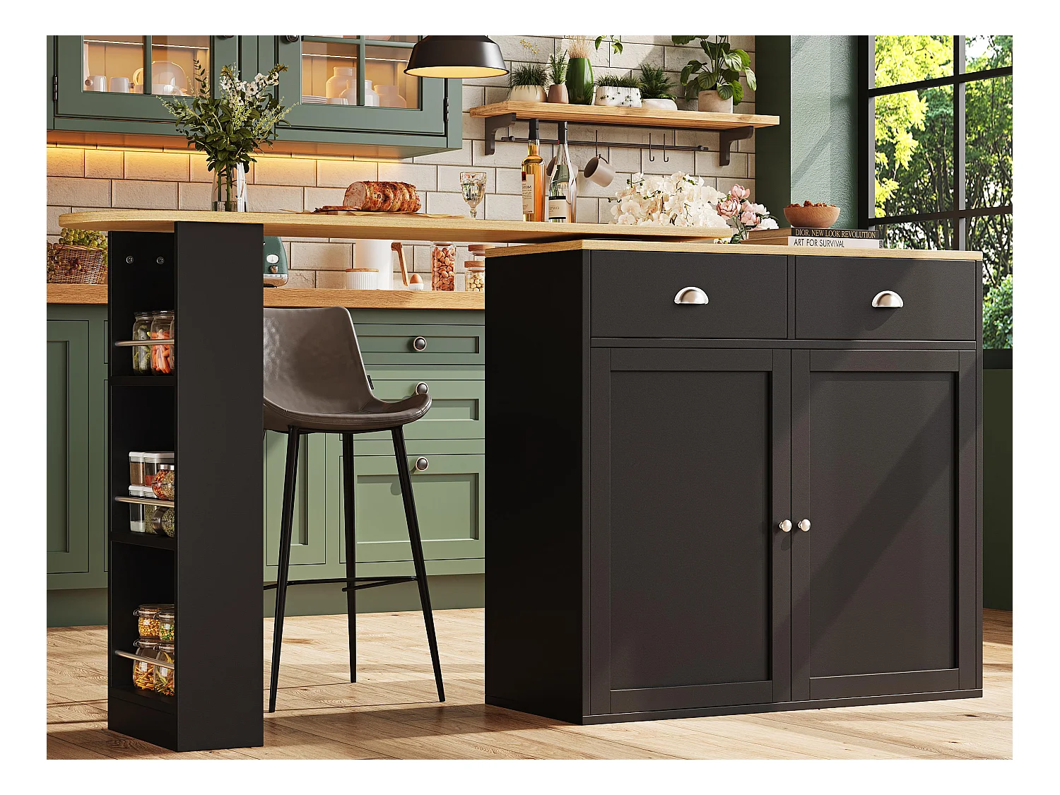 Meuble de bar moderne rotative à 360° - 203x39x105cm - 2 tiroirs et 2 portes - avec étagères latérales - noir