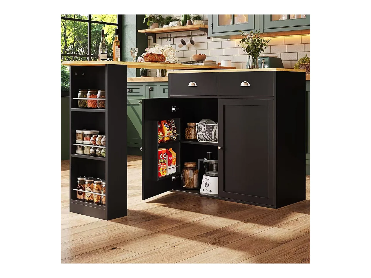 Meuble de bar moderne rotative à 360° - 203x39x105cm - 2 tiroirs et 2 portes - avec étagères latérales - noir