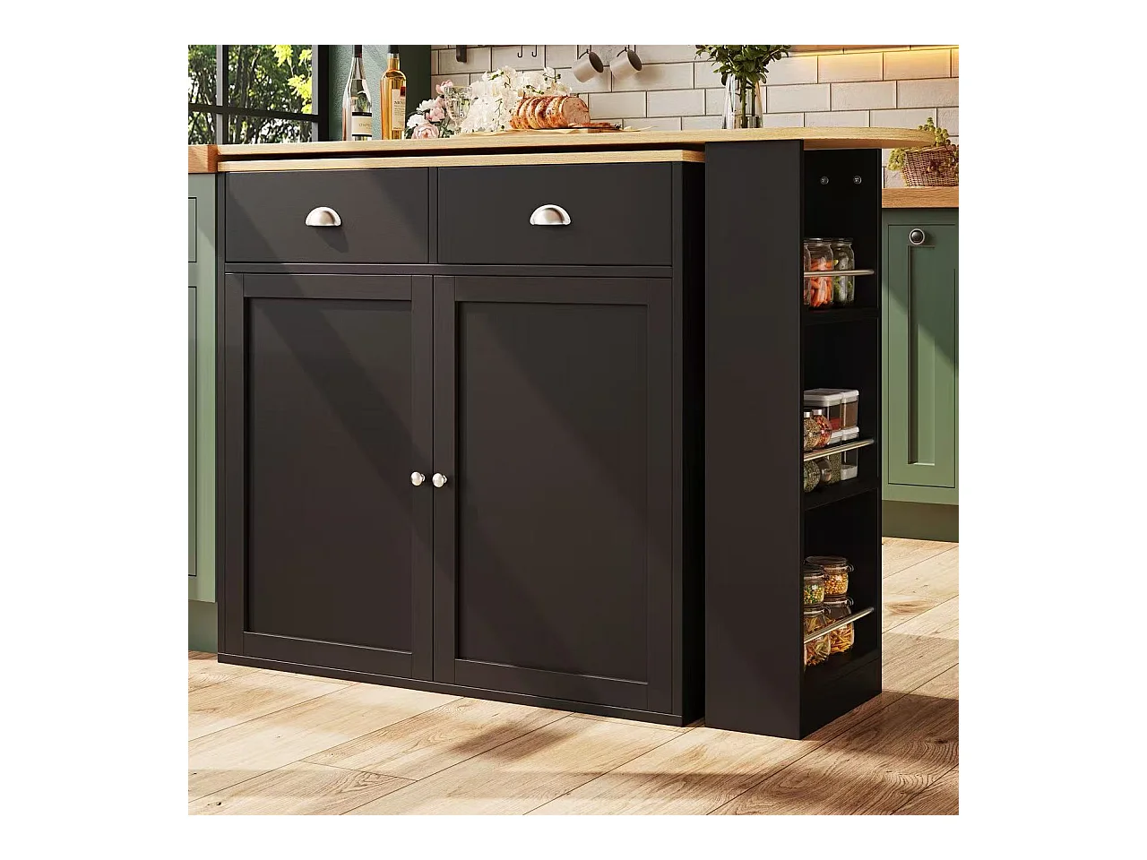 Meuble de bar moderne rotative à 360° - 203x39x105cm - 2 tiroirs et 2 portes - avec étagères latérales - noir