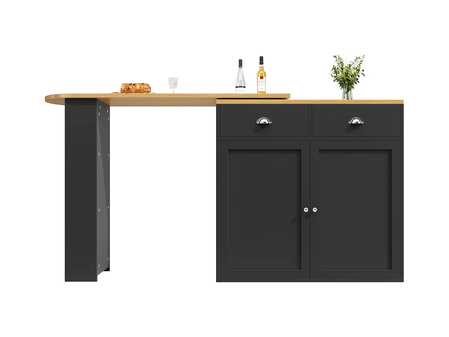 Meuble de bar moderne rotative à 360° - 203x39x105cm - 2 tiroirs et 2 portes - avec étagères latérales - noir