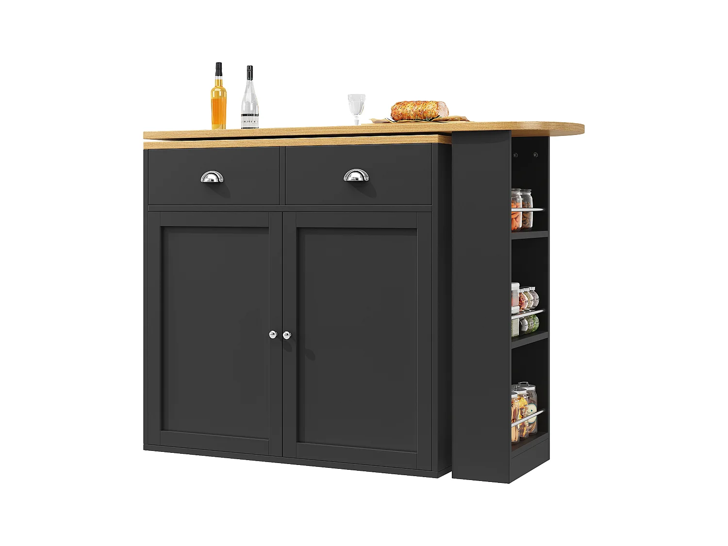 Meuble de bar moderne rotative à 360° - 203x39x105cm - 2 tiroirs et 2 portes - avec étagères latérales - noir