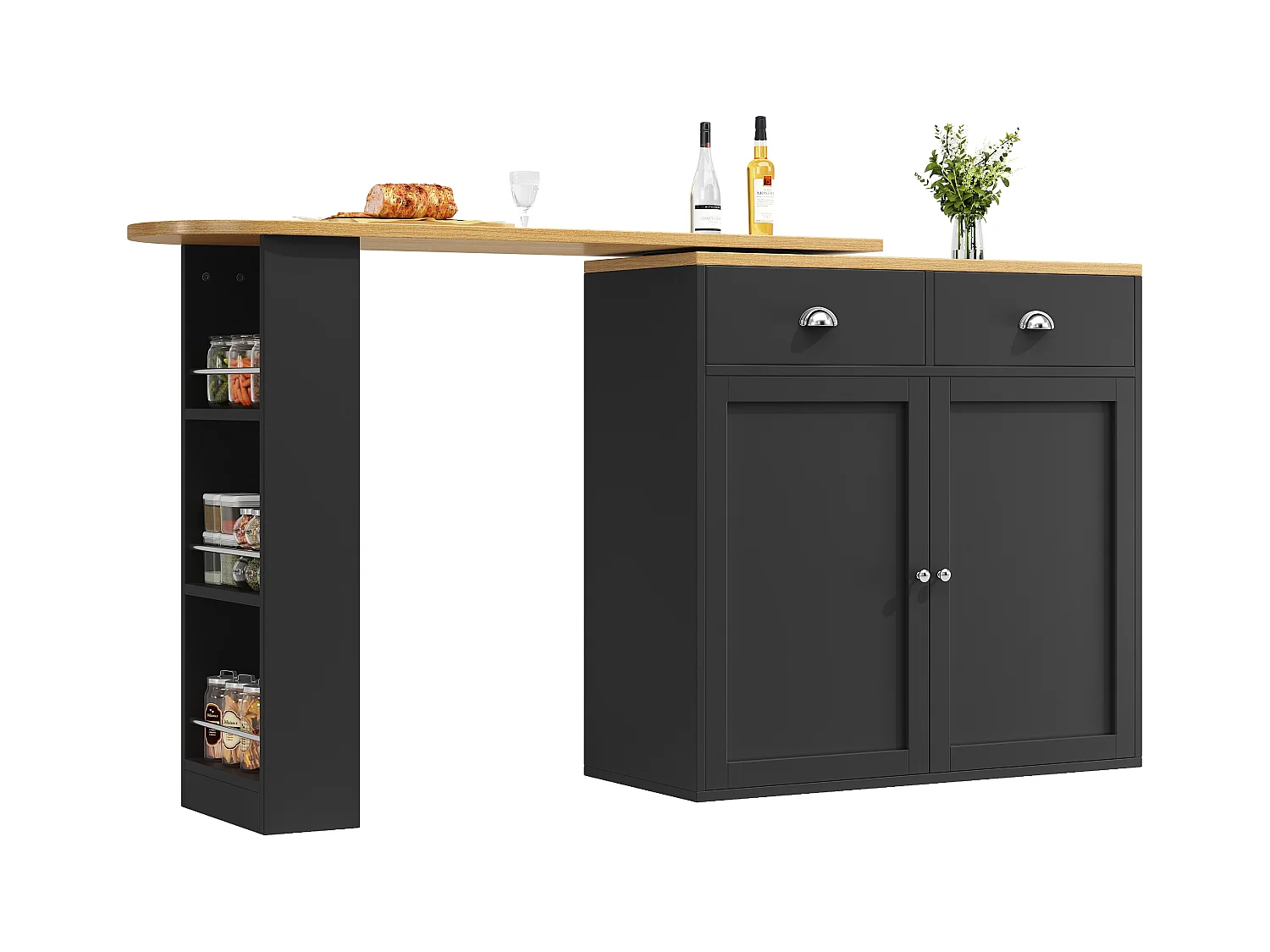 Meuble de bar moderne rotative à 360° - 203x39x105cm - 2 tiroirs et 2 portes - avec étagères latérales - noir