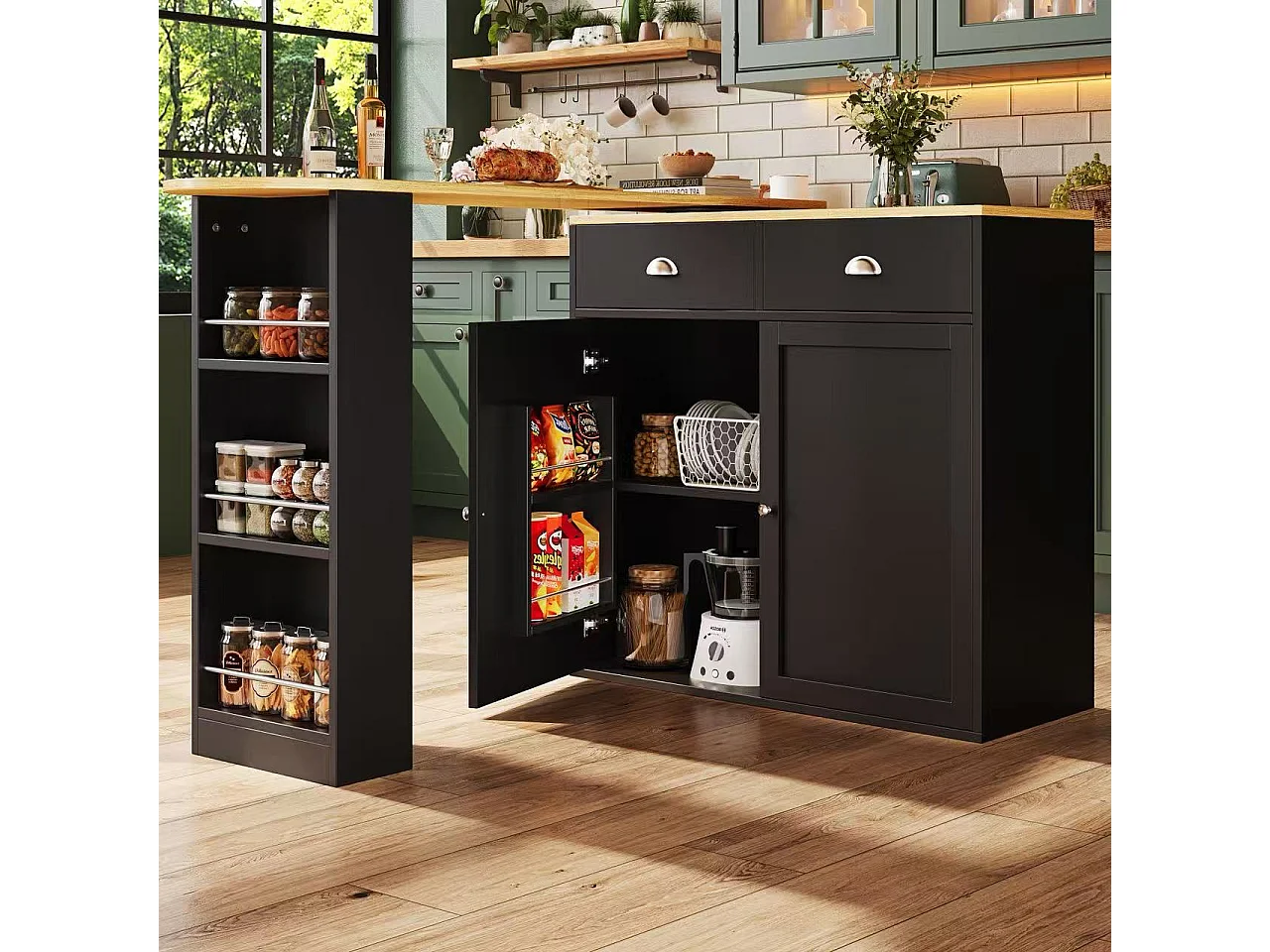 Meuble de bar moderne rotative à 360° - 203x39x105cm - 2 tiroirs et 2 portes - avec étagères latérales - noir