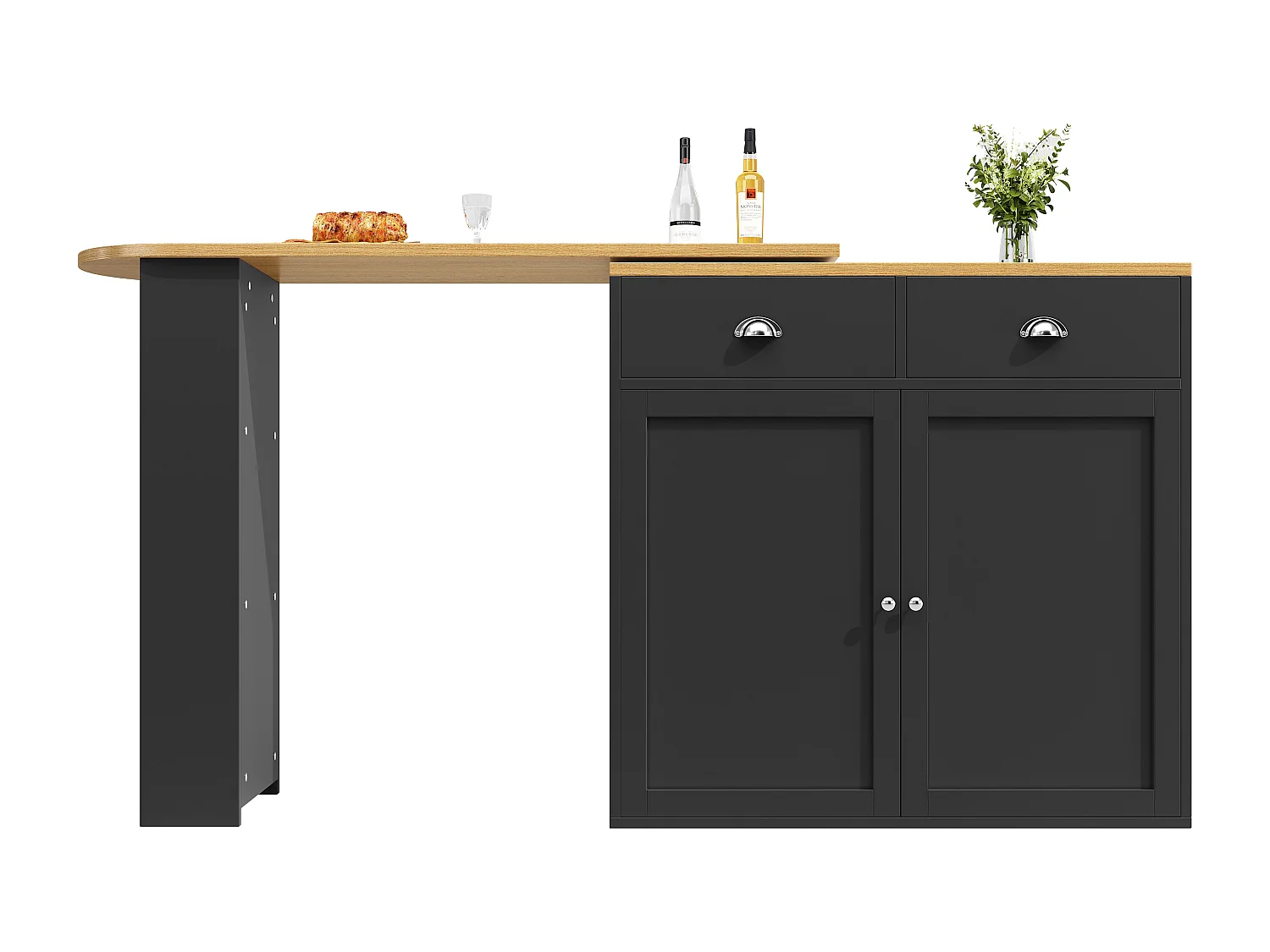 Meuble de bar moderne rotative à 360° - 203x39x105cm - 2 tiroirs et 2 portes - avec étagères latérales - noir