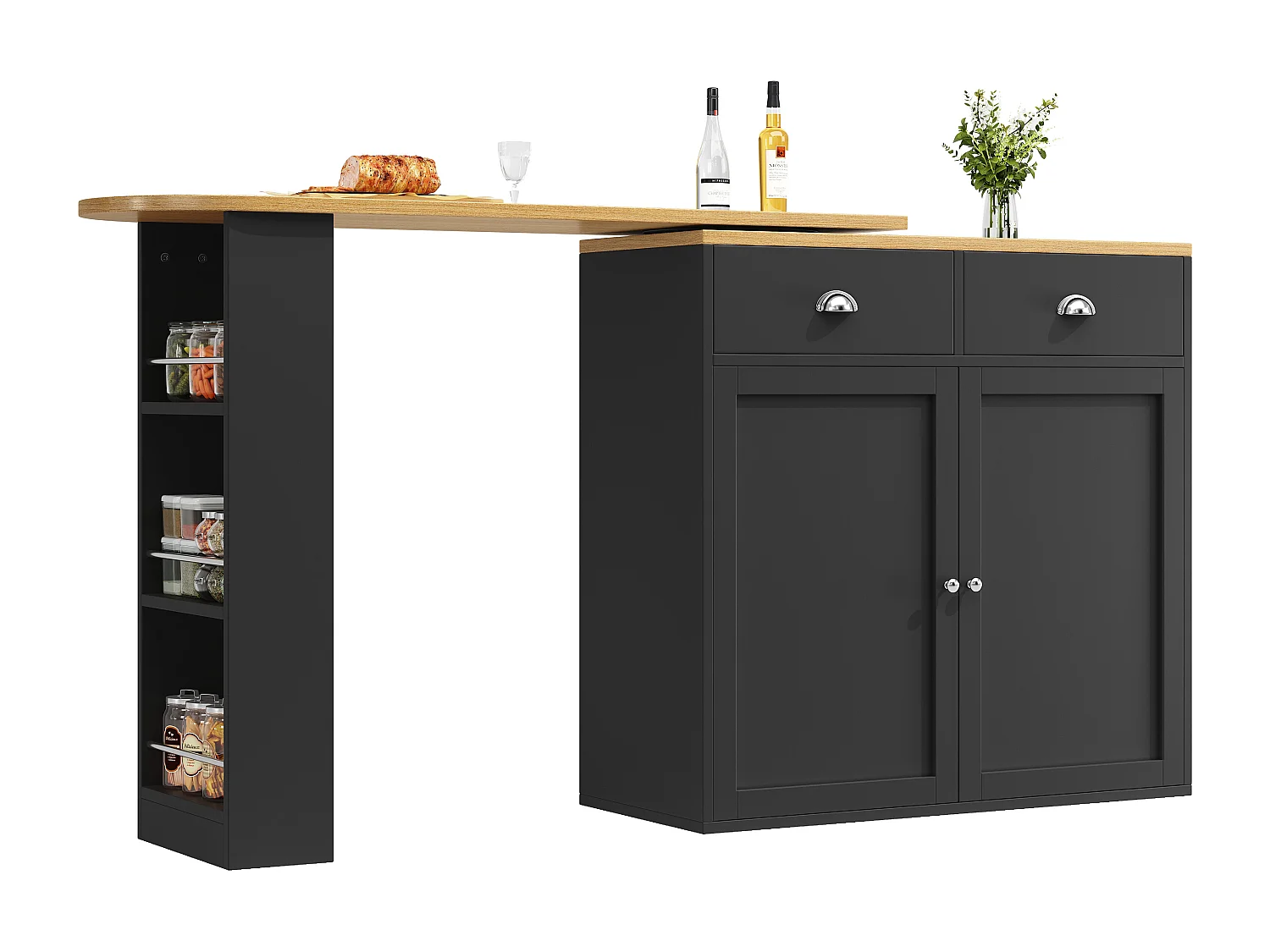 Meuble de bar moderne rotative à 360° - 203x39x105cm - 2 tiroirs et 2 portes - avec étagères latérales - noir