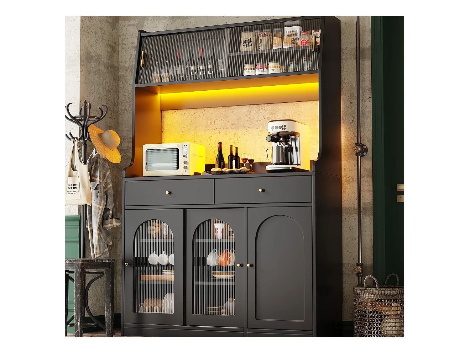 Buffet de cuisine 120x40x180cm - avec éclairage LED - 2 tiroirs et 5 portes- étagères réglables - noir