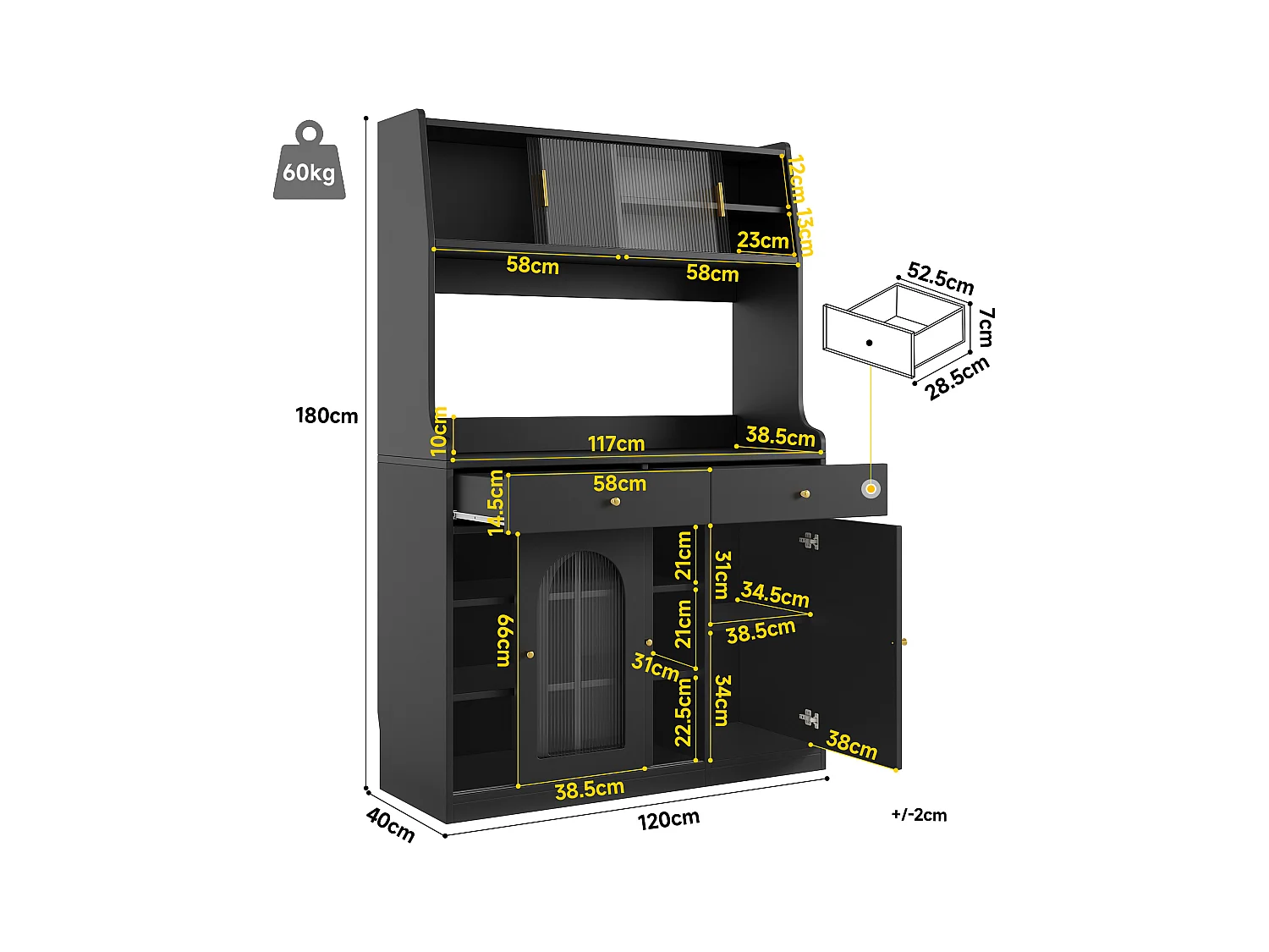 Buffet de cuisine 120x40x180cm - avec éclairage LED - 2 tiroirs et 5 portes- étagères réglables - noir