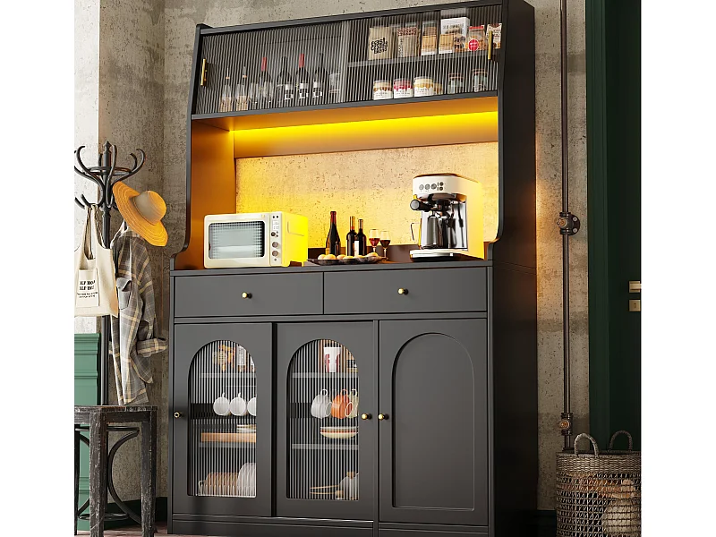Credenza da cucina 120×40×180 cm - con illuminazione LED - 2 cassetti e 5 ante - ripiani regolabili - nero
