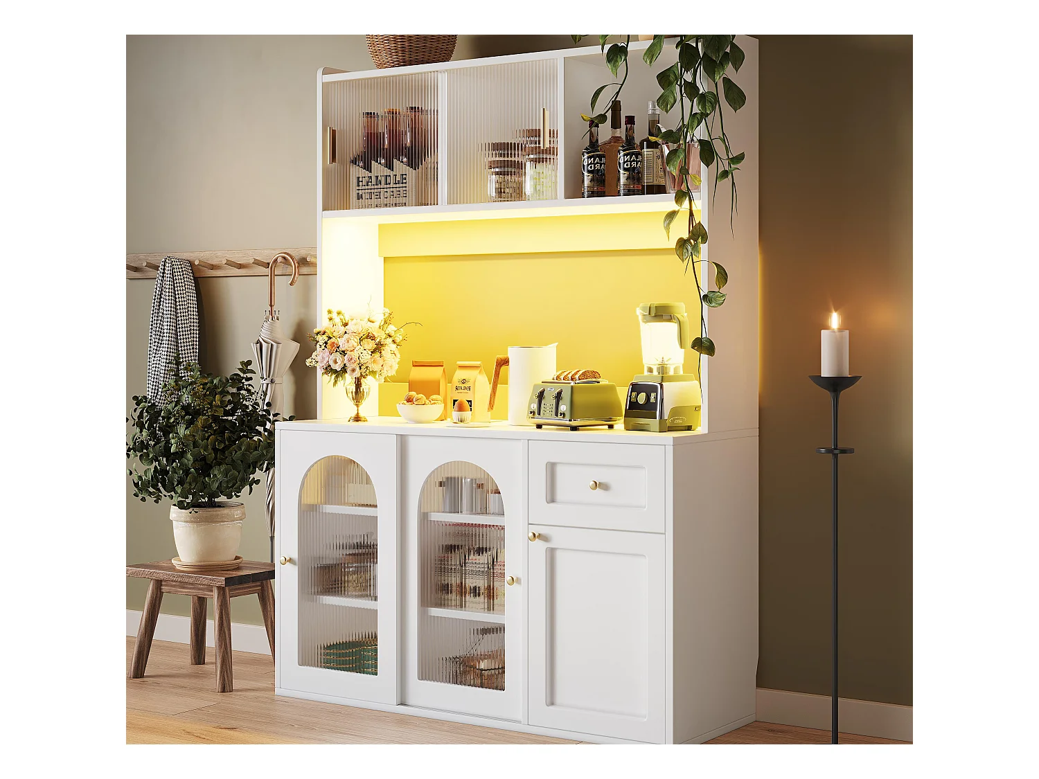 Buffet de cuisine 120x35x167cm - avec éclairage LED - 1 tiroir et 5 portes - étagères réglables - blanc