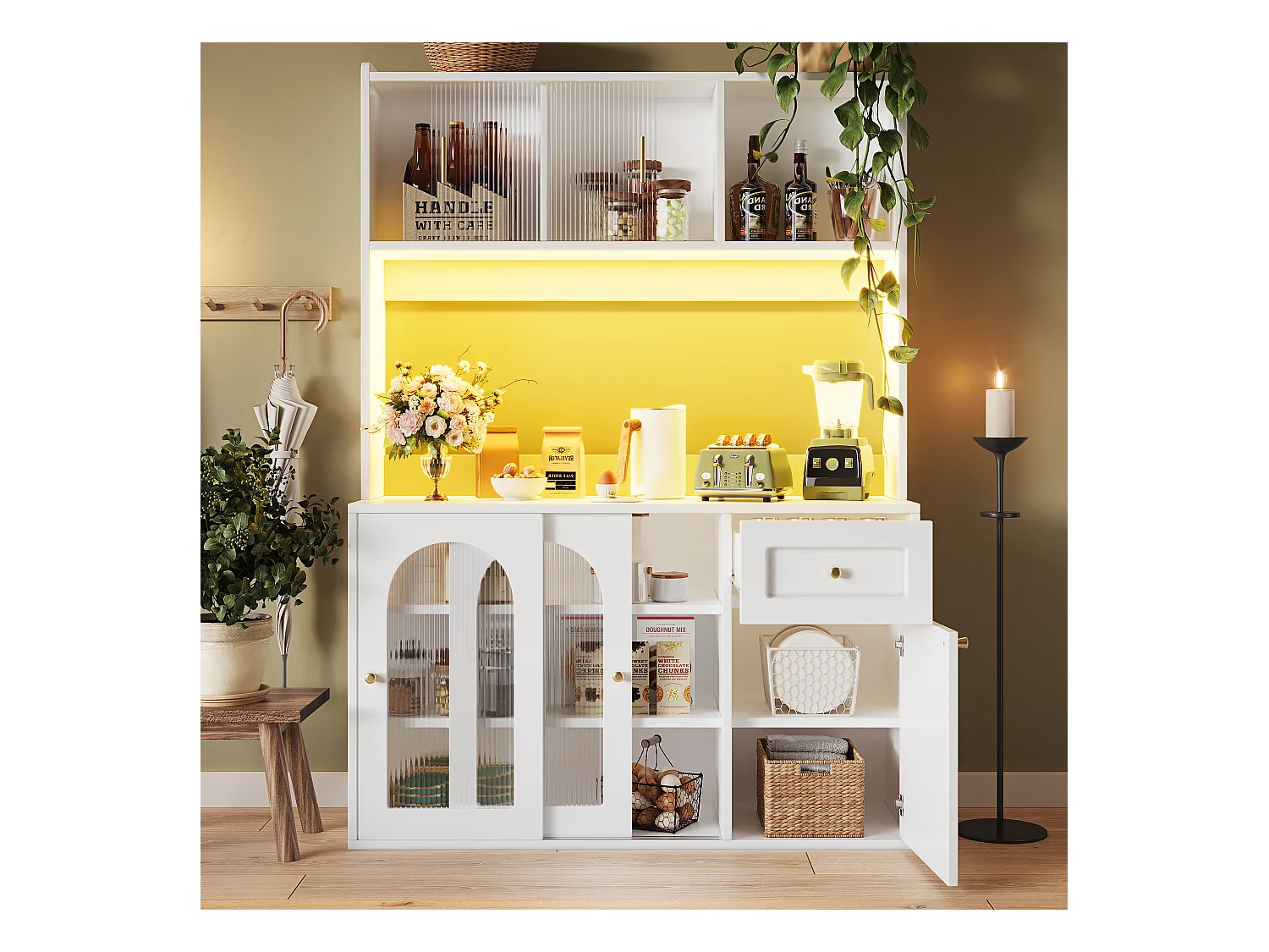 Buffet de cuisine 120x35x167cm - avec éclairage LED - 1 tiroir et 5 portes - étagères réglables - blanc