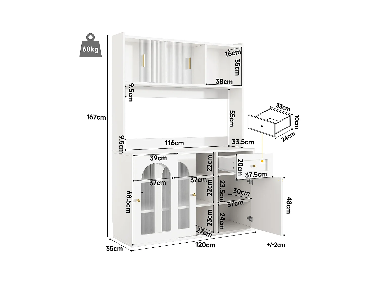 Buffet de cuisine 120x35x167cm - avec éclairage LED - 1 tiroir et 5 portes - étagères réglables - blanc