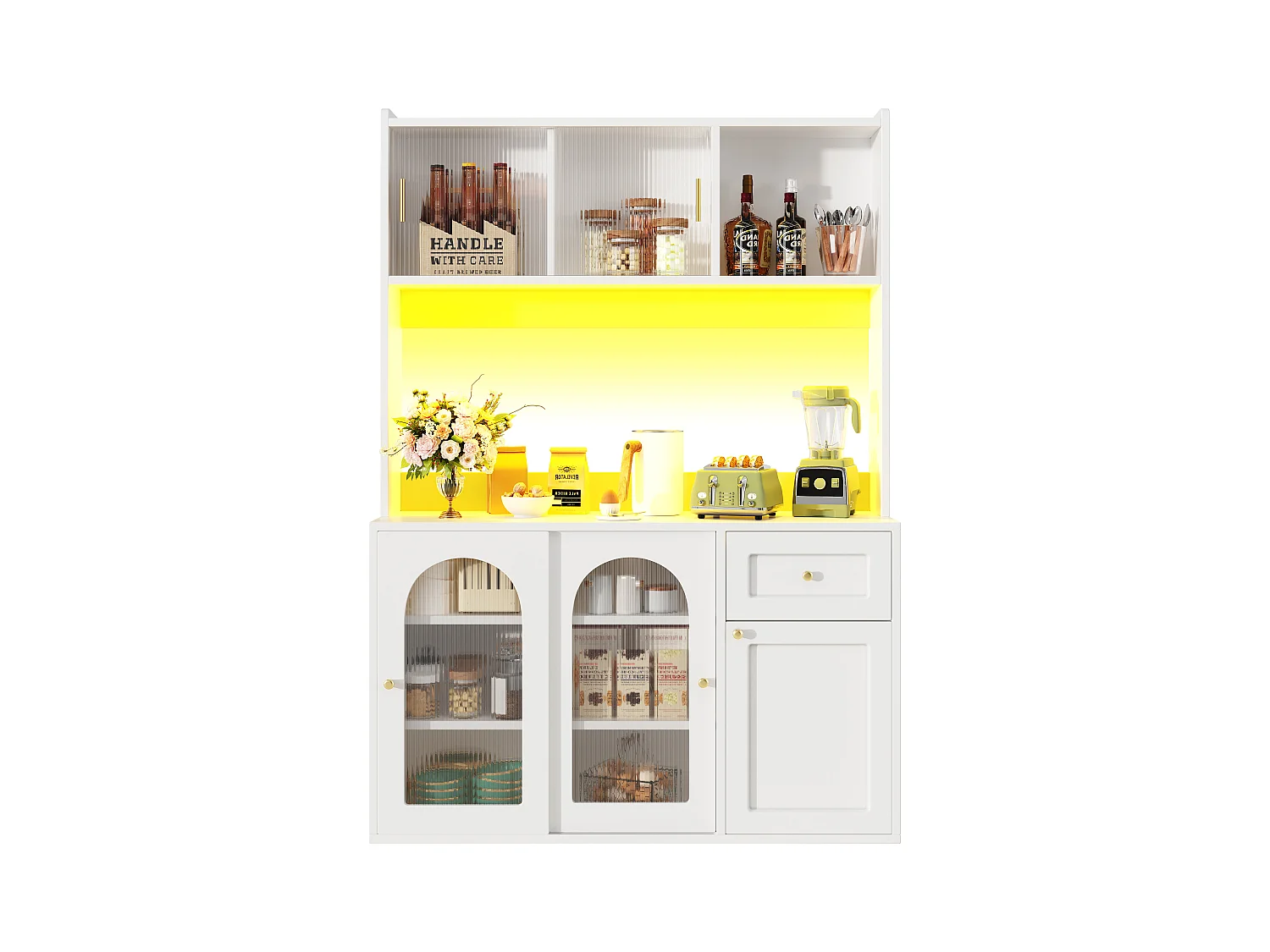 Buffet de cuisine 120x35x167cm - avec éclairage LED - 1 tiroir et 5 portes - étagères réglables - blanc