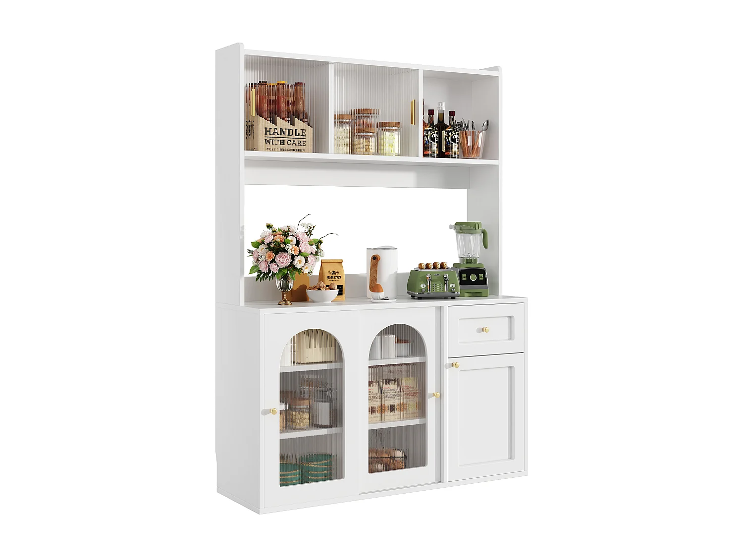 Credenza da cucina 120×35×167 cm - con illuminazione LED - 1 cassetto e 5 ante - ripiani regolabili - bianco