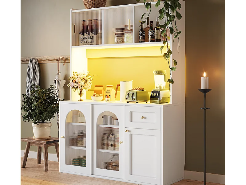 Buffet de cuisine 120x35x167cm - avec éclairage LED - 1 tiroir et 5 portes - étagères réglables - blanc