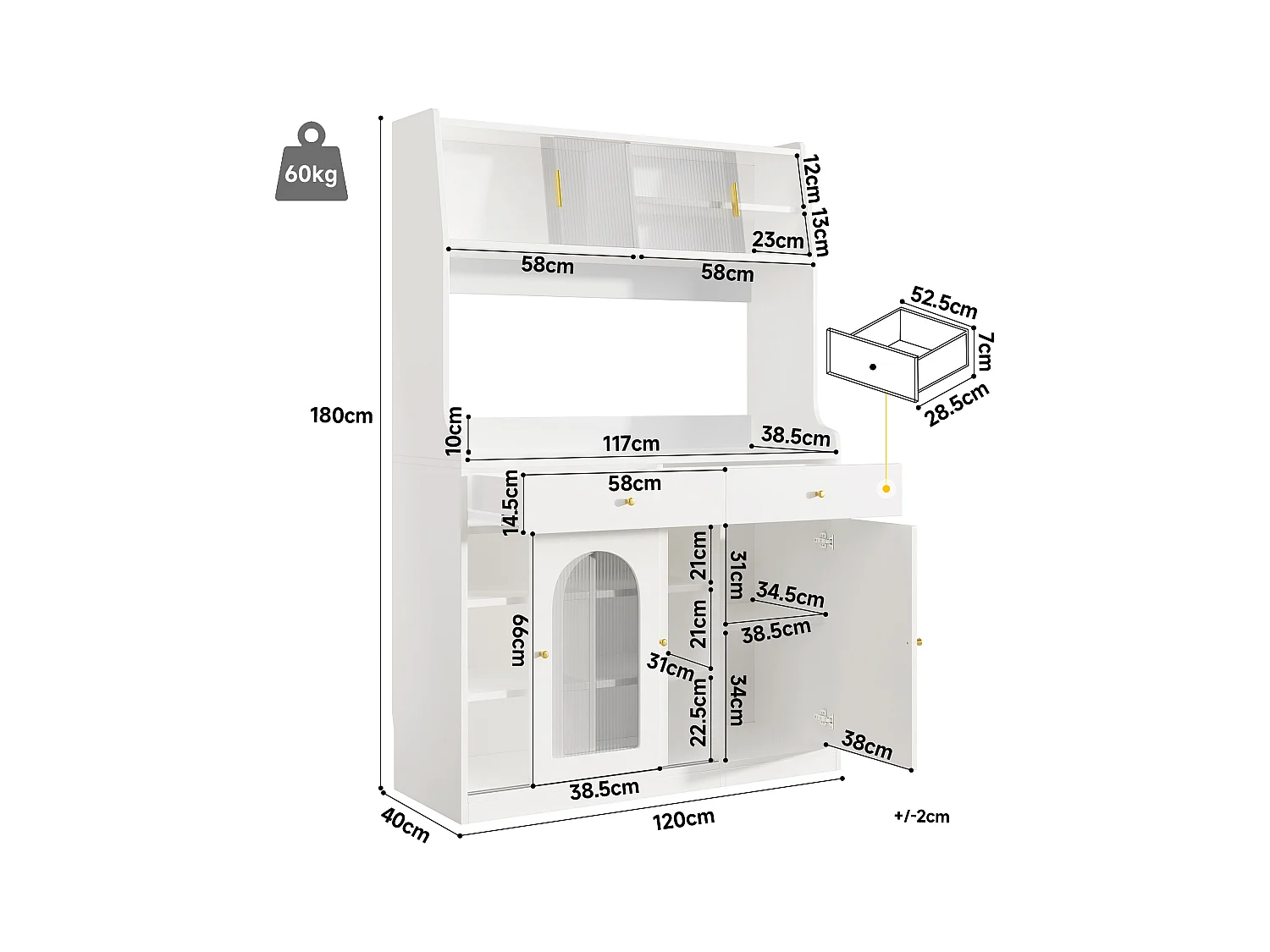 Buffet de cuisine 120x40x180cm - avec éclairage LED - 2 tiroirs et 5 portes- étagères réglables - blanc