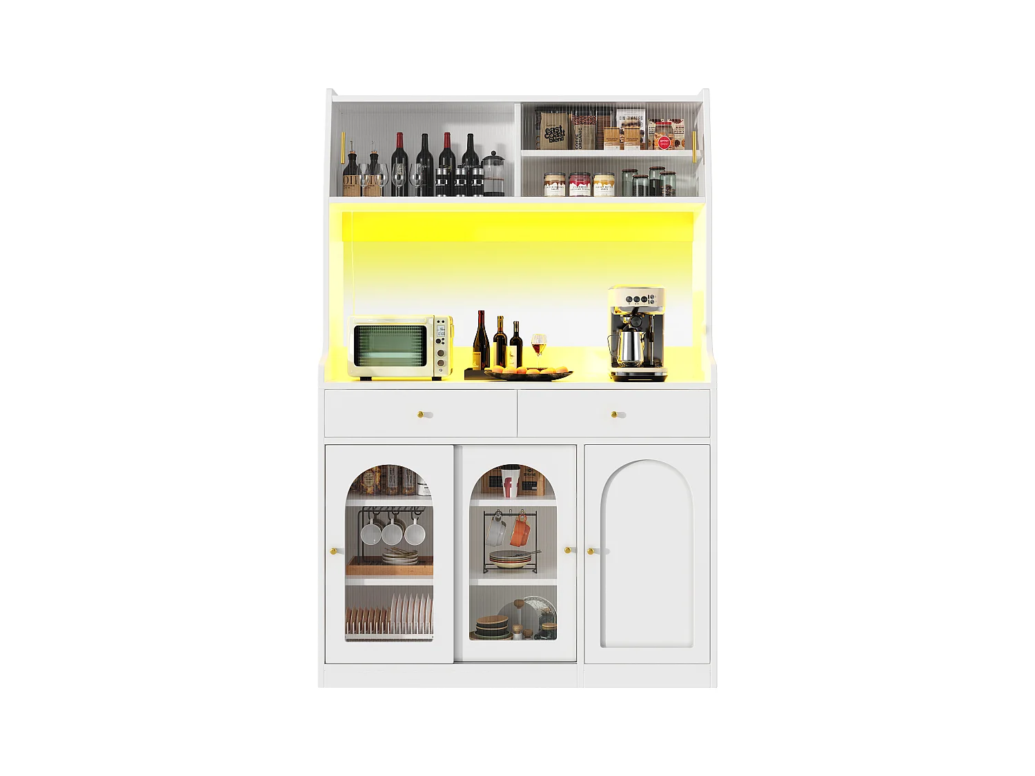 Buffet de cuisine 120x40x180cm - avec éclairage LED - 2 tiroirs et 5 portes- étagères réglables - blanc