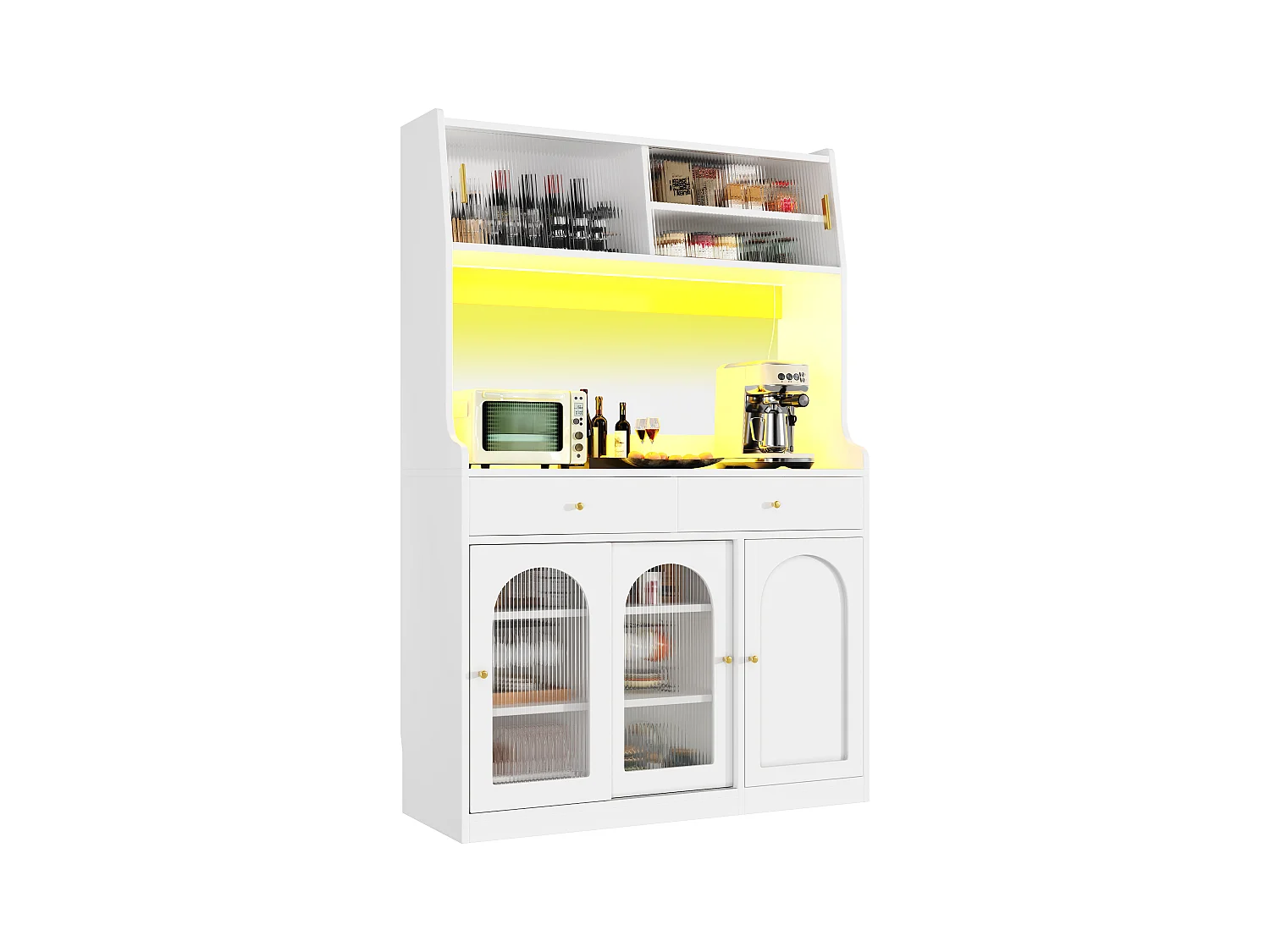 Buffet de cuisine 120x40x180cm - avec éclairage LED - 2 tiroirs et 5 portes- étagères réglables - blanc