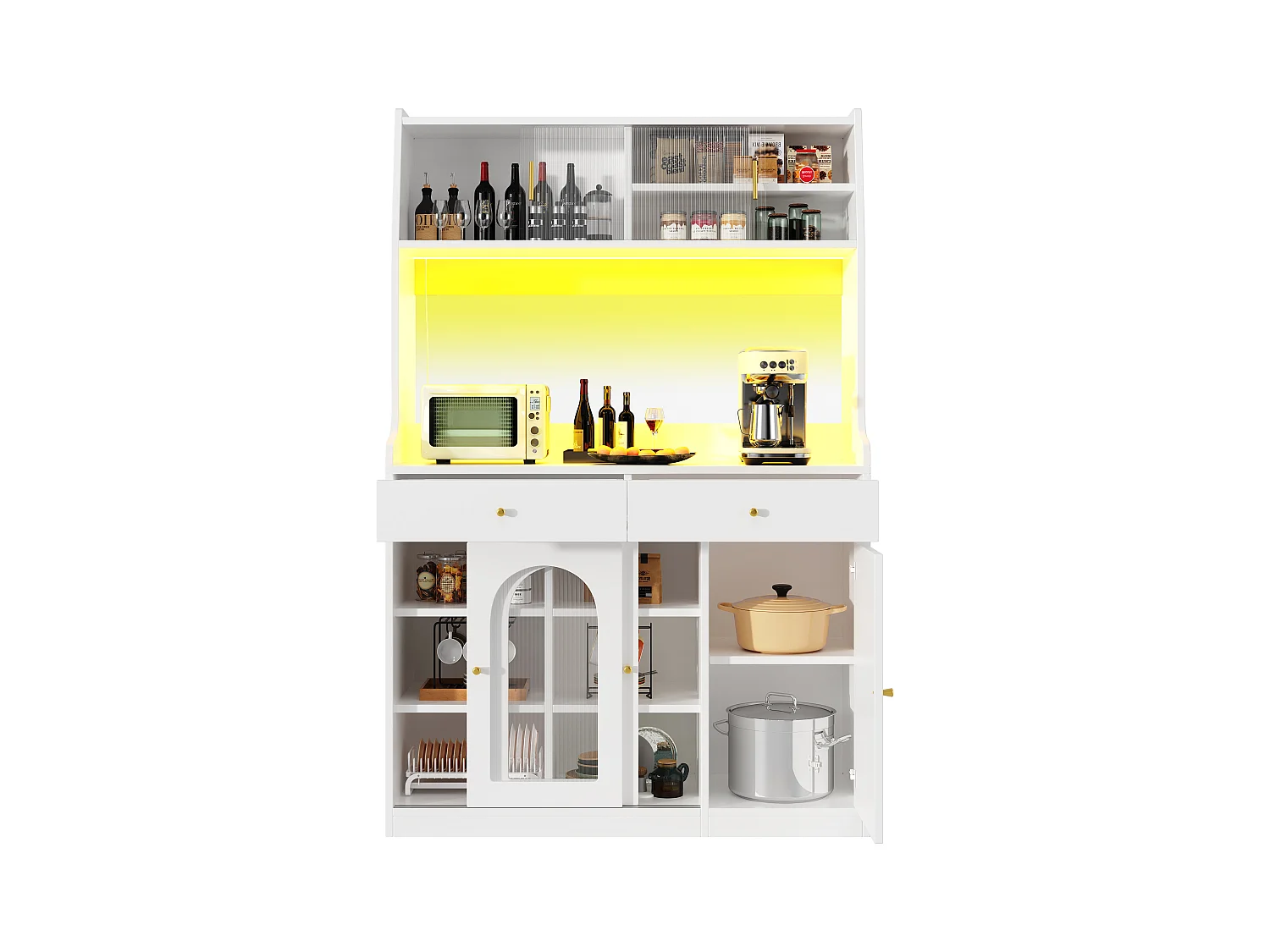 Buffet de cuisine 120x40x180cm - avec éclairage LED - 2 tiroirs et 5 portes- étagères réglables - blanc
