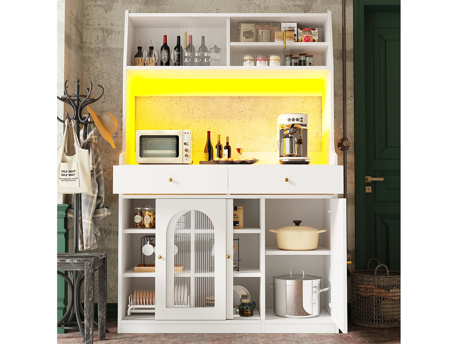 Credenza da cucina 120×40×180 cm - con illuminazione LED - 2 cassetti e 5 ante - ripiani regolabili - bianco
