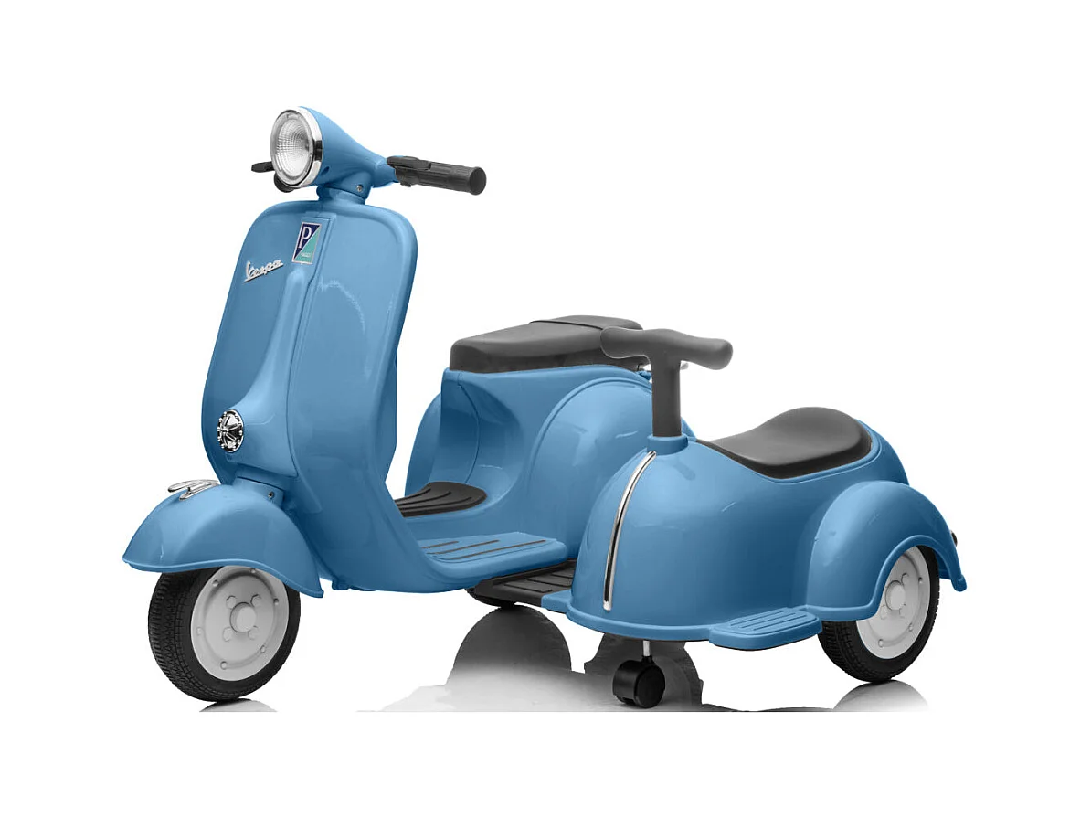 Scooter électrique enfant 6V - Style Vespa 2 places (2-4 km/h), musique Bluetooth, âge 3+, bleu clair