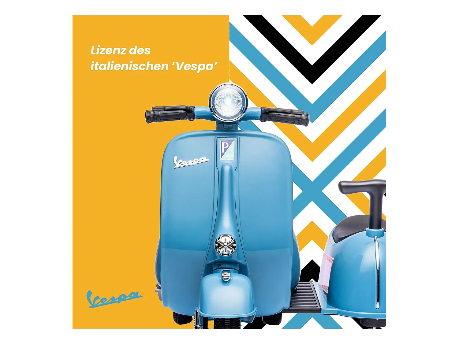 Scooter électrique enfant 6V - Style Vespa 2 places (2-4 km/h), musique Bluetooth, âge 3+, bleu clair