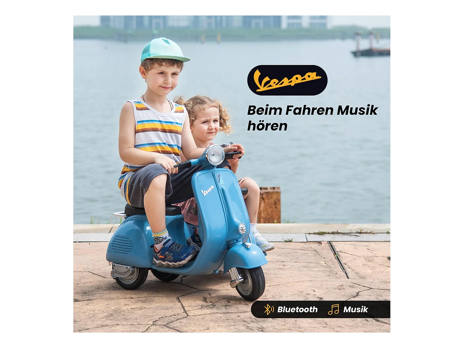 Scooter électrique enfant 6V - Style Vespa 2 places (2-4 km/h), musique Bluetooth, âge 3+, bleu clair