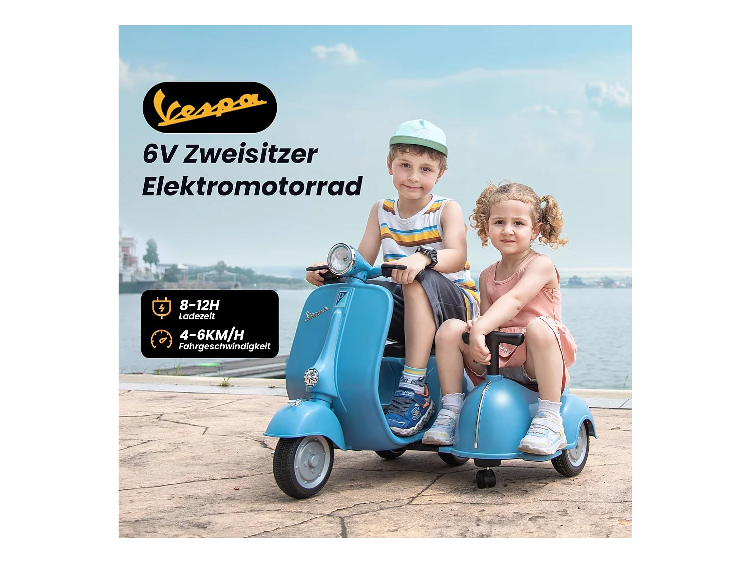 Scooter électrique enfant 6V - Style Vespa 2 places (2-4 km/h), musique Bluetooth, âge 3+, bleu clair