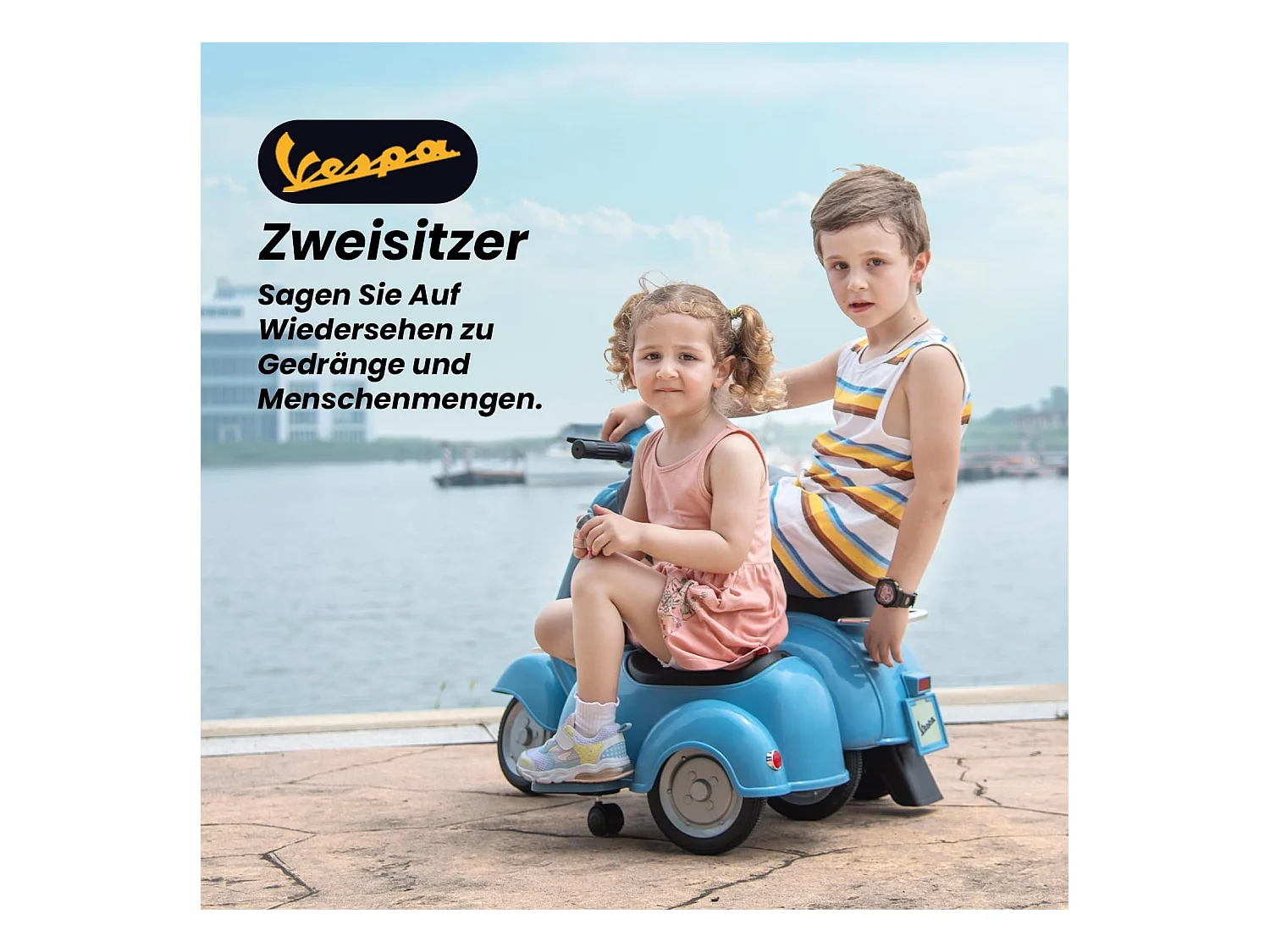 Scooter électrique enfant 6V - Style Vespa 2 places (2-4 km/h), musique Bluetooth, âge 3+, bleu clair