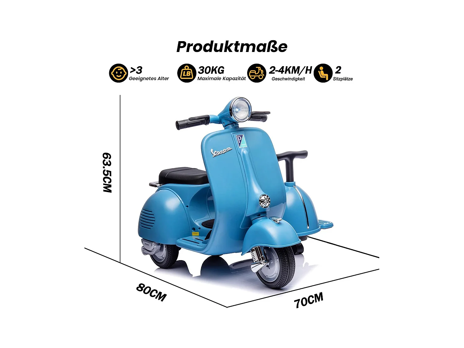 Scooter électrique enfant 6V - Style Vespa 2 places (2-4 km/h), musique Bluetooth, âge 3+, bleu clair