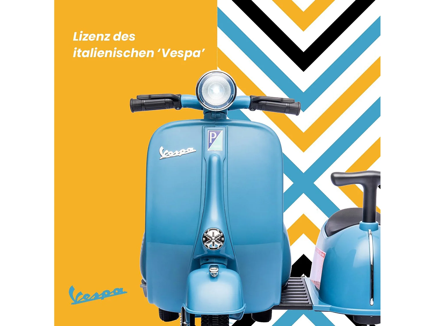 6V elektrische kinderstep - Vespa-stijl 2-zits (2-4 km/u), Bluetooth-muziek, leeftijd 3+, lichtblauw