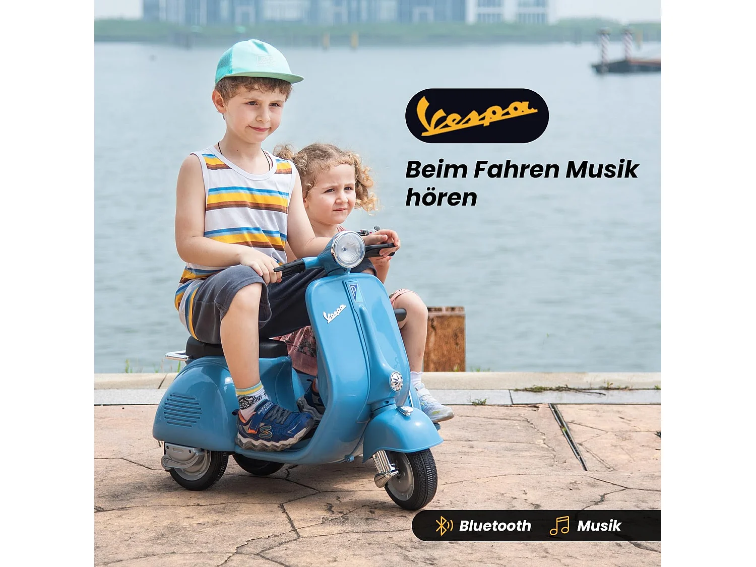 6V elektrische kinderstep - Vespa-stijl 2-zits (2-4 km/u), Bluetooth-muziek, leeftijd 3+, lichtblauw