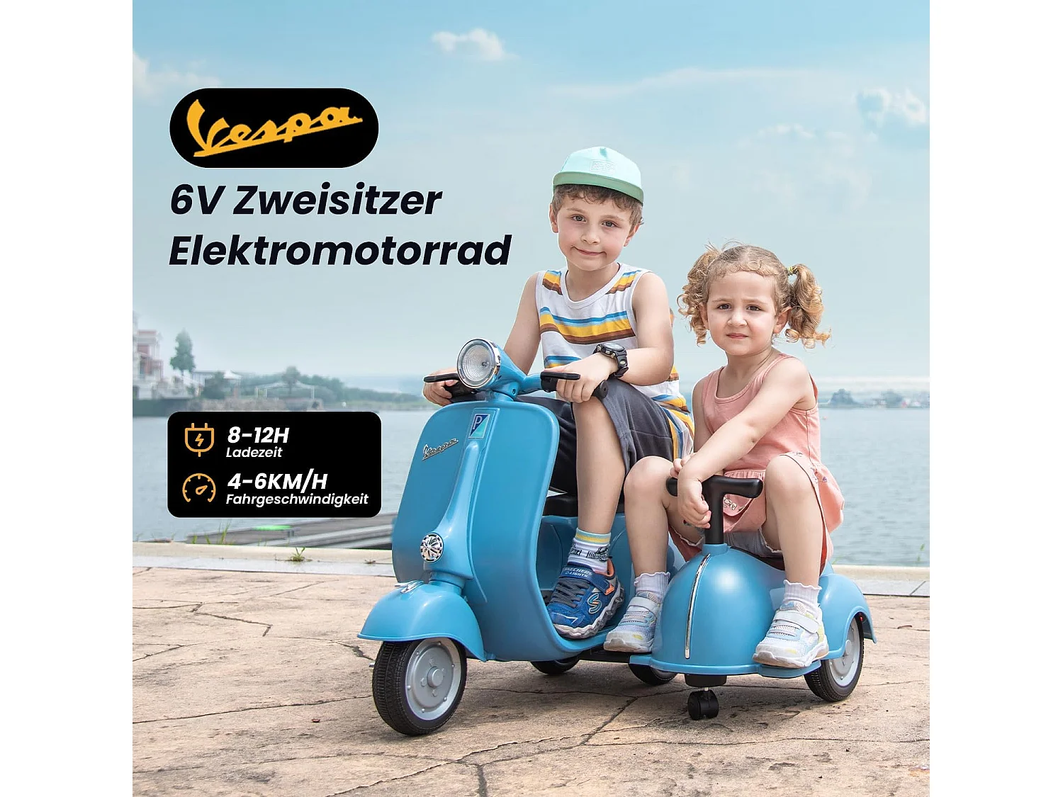 6V elektrische kinderstep - Vespa-stijl 2-zits (2-4 km/u), Bluetooth-muziek, leeftijd 3+, lichtblauw