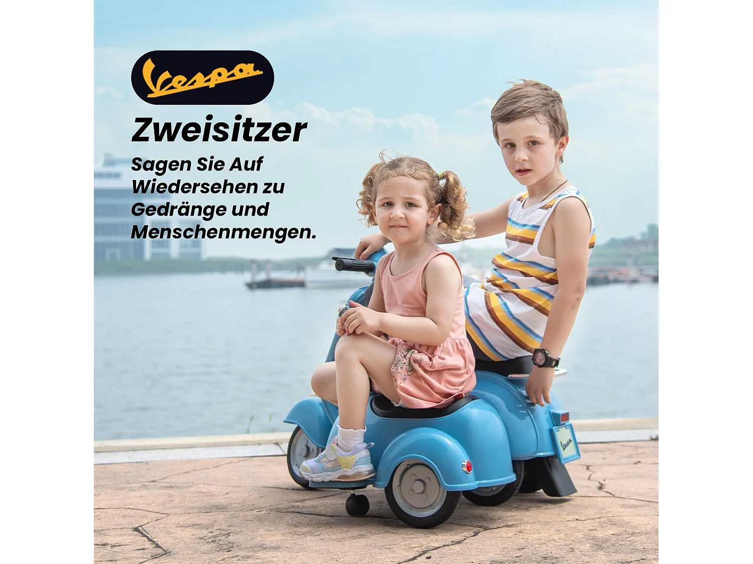 6V elektrische kinderstep - Vespa-stijl 2-zits (2-4 km/u), Bluetooth-muziek, leeftijd 3+, lichtblauw