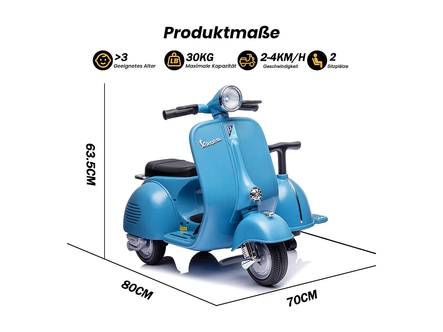 6V elektrische kinderstep - Vespa-stijl 2-zits (2-4 km/u), Bluetooth-muziek, leeftijd 3+, lichtblauw