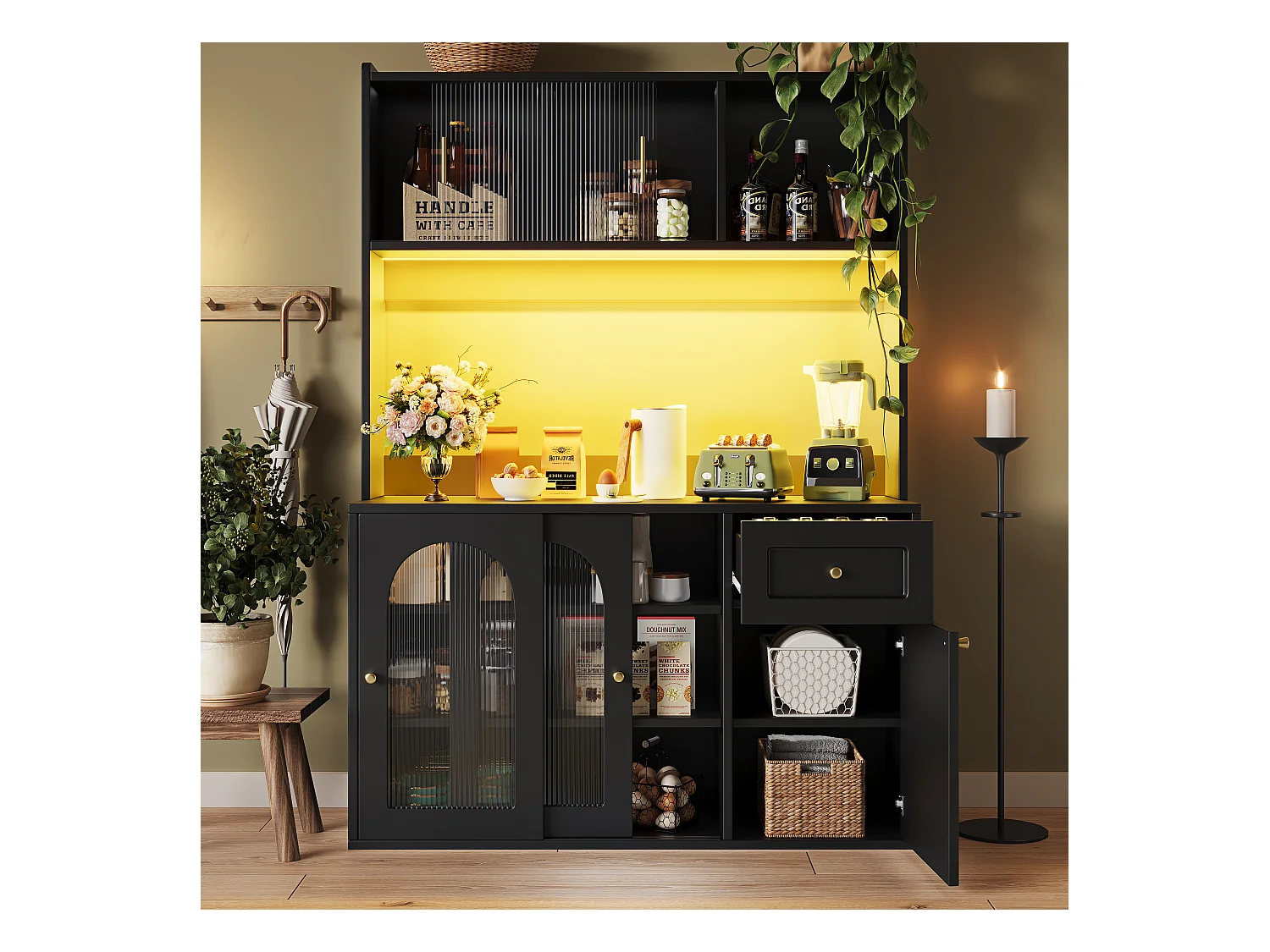 Buffet de cuisine 120x35x167cm - avec éclairage LED - 1 tiroir et 5 portes - étagères réglables - noir