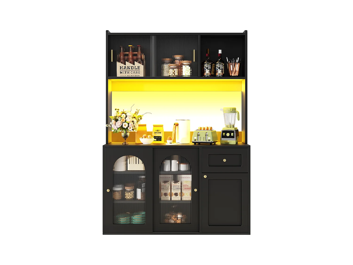 Buffet de cuisine 120x35x167cm - avec éclairage LED - 1 tiroir et 5 portes - étagères réglables - noir